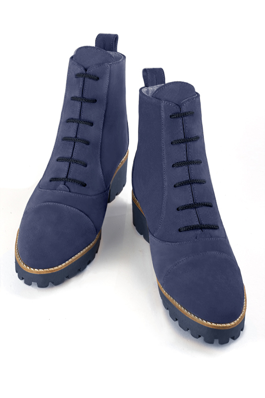 Prussian blue women's ankle boots with laces at the front. Round toe. Low rubber soles. Top view - Florence KOOIJMAN